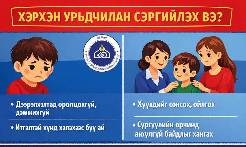 
&#55357&#57041 Хэрхэн урьдчилан сэргийлэх вэ?
&#55357&#56422 Хүүхэд чи:
 • Дээрэлхэлтэд оролцохгүй, дэмжихгүй
 • Итгэлтэй хүнд хэлэхээс бүү ай
&#55357&#56425‍&#55356&#57323 Багш, эцэг эх:
 • Хүүхдийг сонсож, ойлгох
 • Сургуулийн орчинд аюулгүй байдлыг хангах
☎️ Тусламж авах
 • &#55357&#56542 108 – Хүүхдийн тусламжийн утас
 • &#55357&#56542 102 – Цагдаагийн байгууллага
&#55357&#56492 УРИАЛГА
&#55357&#56393 “Чимээгүй байх нь дээрэлхэлтийг дэмжиж буй хэрэг!”
&#55357&#56393 “Сайн найз бол хамгаалагч байдаг”