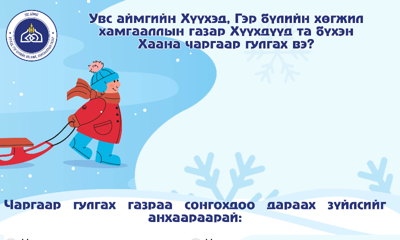 Чаргаар гулгах үед анхаарах зүйлс
Сурагчдын амралт эхэлсэнтэй холбоотойгоор хүүхэд багачууд чарга, цанаар гулгах нь ихсэж байгаа бөгөөд үүнийг дагаад цана, чарганы осол их бүртгэгдэж байгаа.
Чаргаар гулгахаас өмнөх бэлтгэлээ хэрхэн хангах вэ?
• Чаргаар гулгахдаа хамгийн түрүүнд жолоодож, хурдаа сааруулах боломжтой, бүрэн бүтэн чарга хэрэглэж байгаа эсэхээ шалгах
• Зориулалтын чарганаас өөр зүйлээр гулгахаас зайлсхийх
• Чарганы материал нь модон буюу зууралт сайтай байх
• Хэрэв хуванцар чаргаар гулгах бол бага зэргийн налуу, тэгш газар гулгах
• Толгойдоо хамгаалах малгай өмсөх
• Зузаан хувцаслах (урт ороолт чаргатай орооцолдох боломжтой тул гадуур хувцасныхаа дотуур хийх)
Хаана чаргаар гулгах вэ?
Чаргаар гулгах газраа сонгохдоо дараах зүйлсийг анхаараарай:
• Хэт өгсүүр биш, гулгасны дараа зогсох боломжтой газар
• Гудамж, машины зогсоолоос хол
• Мөргөх боломжтой мод, хашаа зэргээс хол
• Овгор товгор зүйлгүй, бартаагүй замтай 
• Мөстсөн, хатуу гадаргуутай уулаас зайлсхийх
• Гэрэлтүүлэг сайтай
Чаргаар гулгаж байх үедээ юунд анхаарах вэ?
• 5 наснаас доош насны хүүхэд том хүнтэй хамт, 12-оос доош насны хүүхэд байнгын хяналттай гулгах
• Гулгах үедээ урагшаа эгц харж, хөлөө урдаа унжуулан гулгах
• Нүүрээрээ гулгах нь толгойны гэмтэл авах эрсдэл өндөртэй тул зайлсхийх
• Чарган дээр гишгэхгүй байх
• Чарга бүр дээр нэг хүн сууж, ээлж ээлжээрээ гулгах
• Гар, хөлөө чарга дотор байлгах
• Чаргаар гулгаж байх үедээ юм мөргөх тохиолдолд ЧАРГАНЫ ХАЖУУ ТИЙШ ӨНХРӨХ
• Уулаар дээшээ гарахдаа уулын захаар алхах
• Чаргыг хэзээ ч машинаар чирч явахгүй байх
Чаргаар гулгаж, гэмтэх үед хэзээ эмчид хандах вэ?
Хүүхэд тань чаргаар гулгах үедээ осолдвол сайтар ажиглаж, дараах шинж тэмдгүүд илэрвэл яаралтай эмчид хандаарай:
• Бөөлжих
• Татах
• Ухаан алдах
• Толгой өвдөх
• Мөчдийн хүч суларч, хөдөлгөөнгүй болох