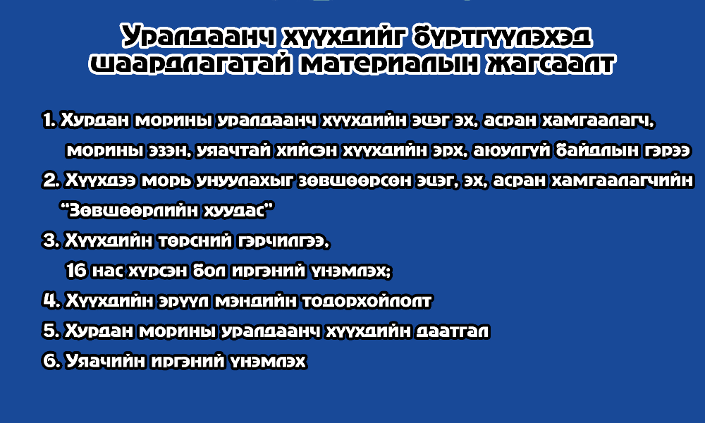 Уралдаанч хүүхдийг бүртгүүлэхэд шаардлагатай материалын жагсаалт
